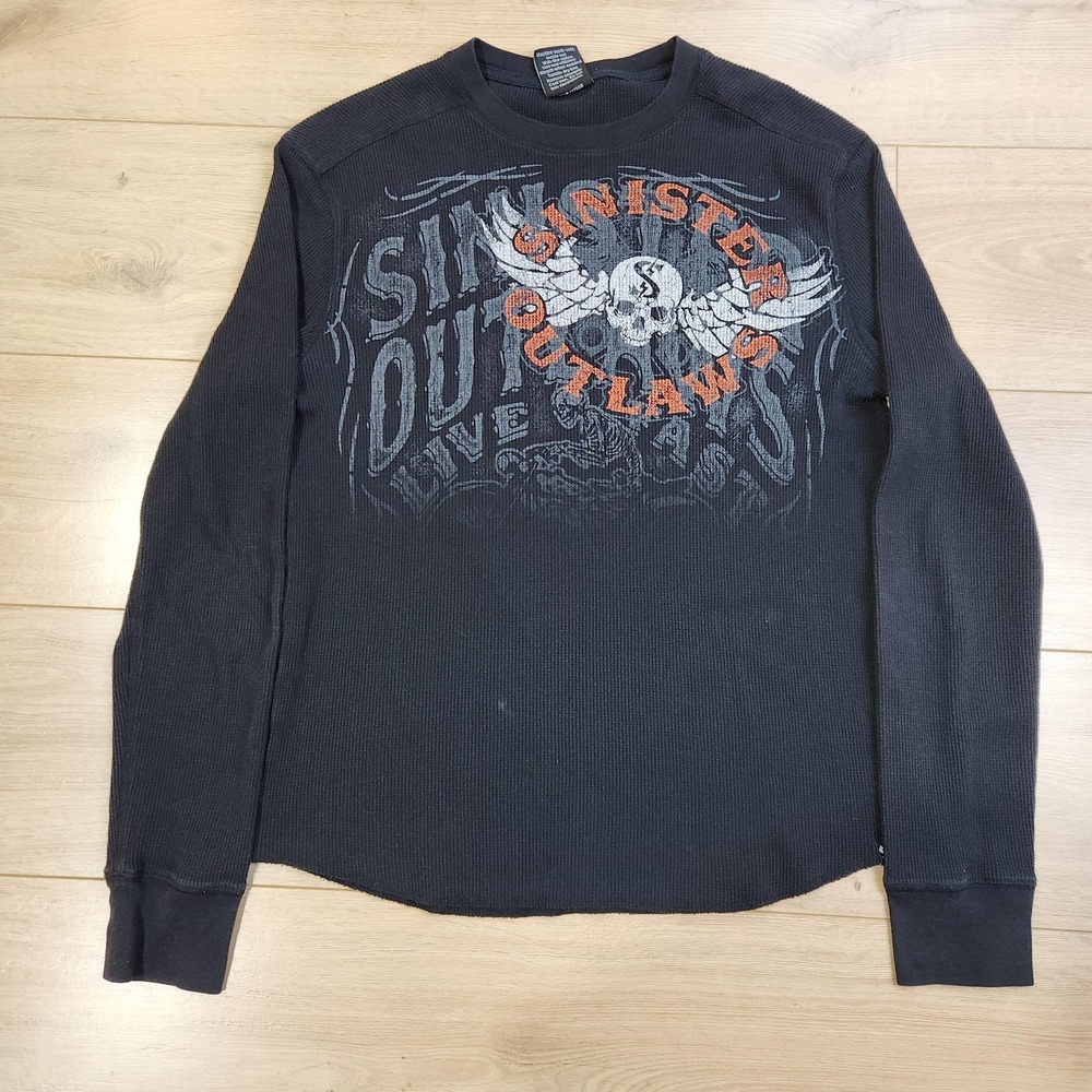 VTG Sinister Thermal Shirt Mens Medium Black Outlaws Skull Biker‎ Ride Graphic